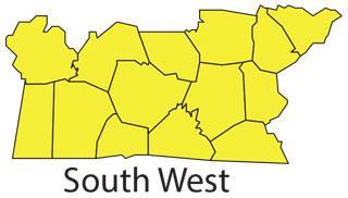 Partial map of Kentucky with South West region